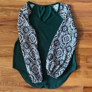 Green Top with Patterned Sleeves